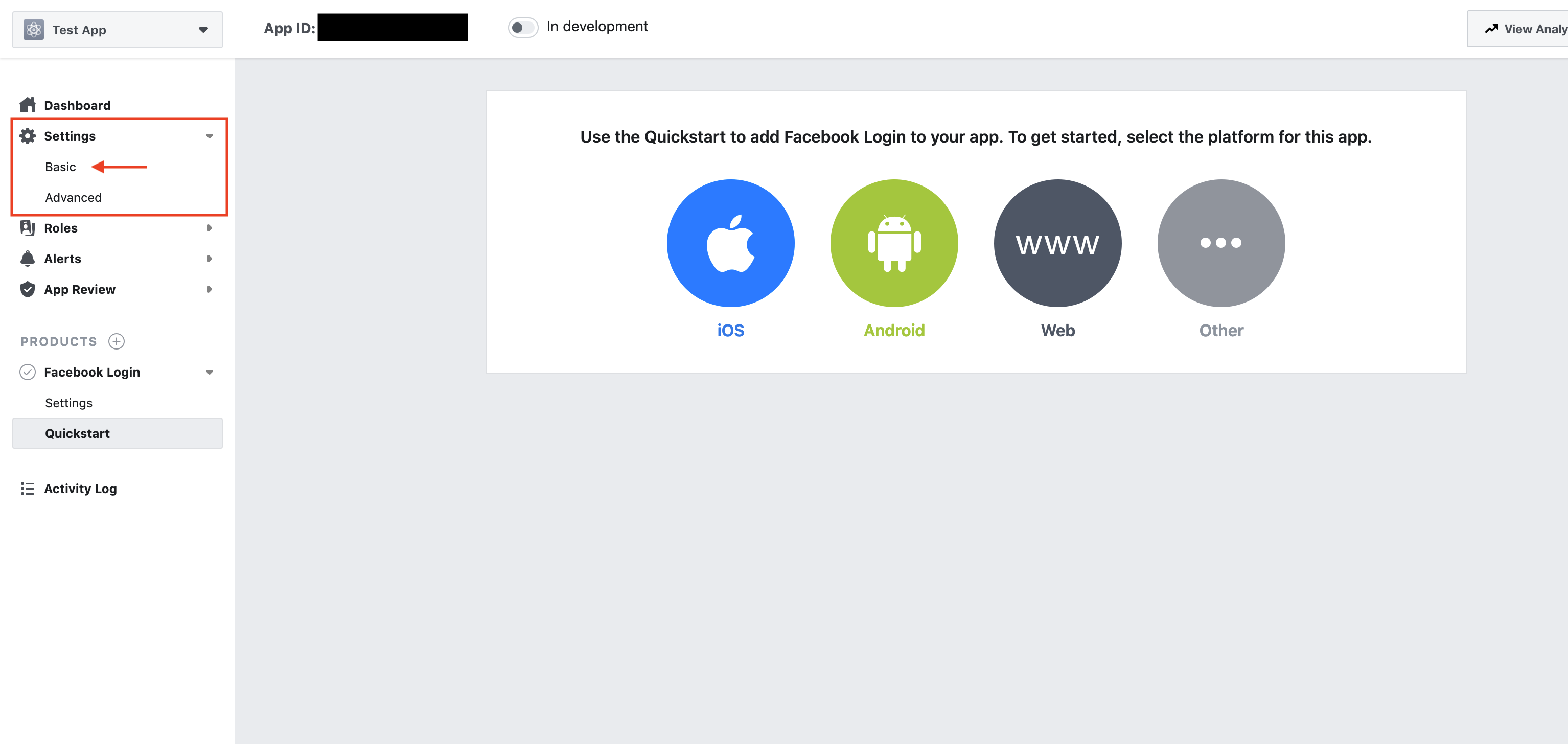 Go to Facebook app basic settings