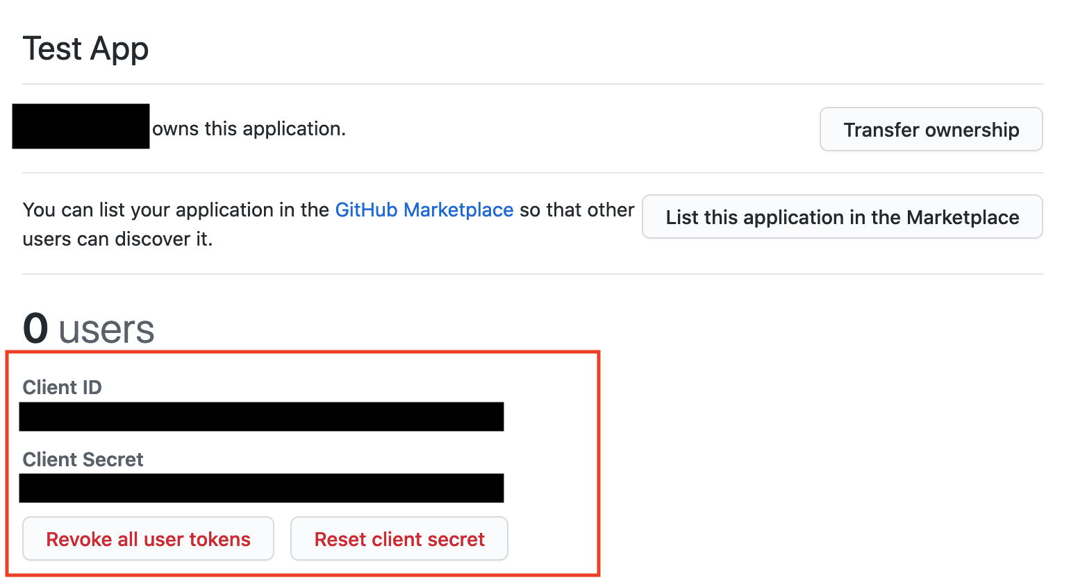 GitHub OAuth app settings showing client ID and client secret fields