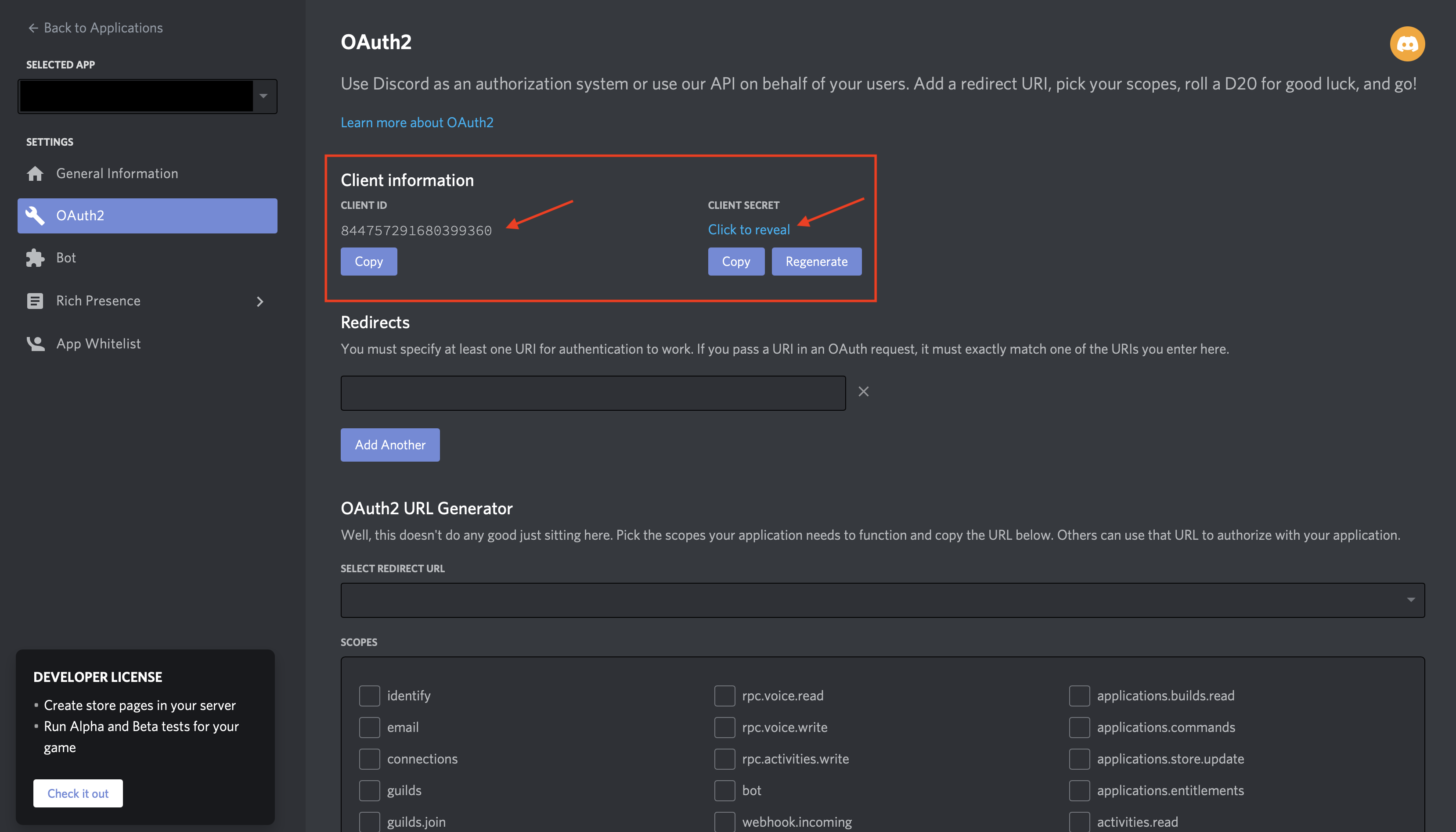 Discord OAuth app settings showing client ID and client secret fields