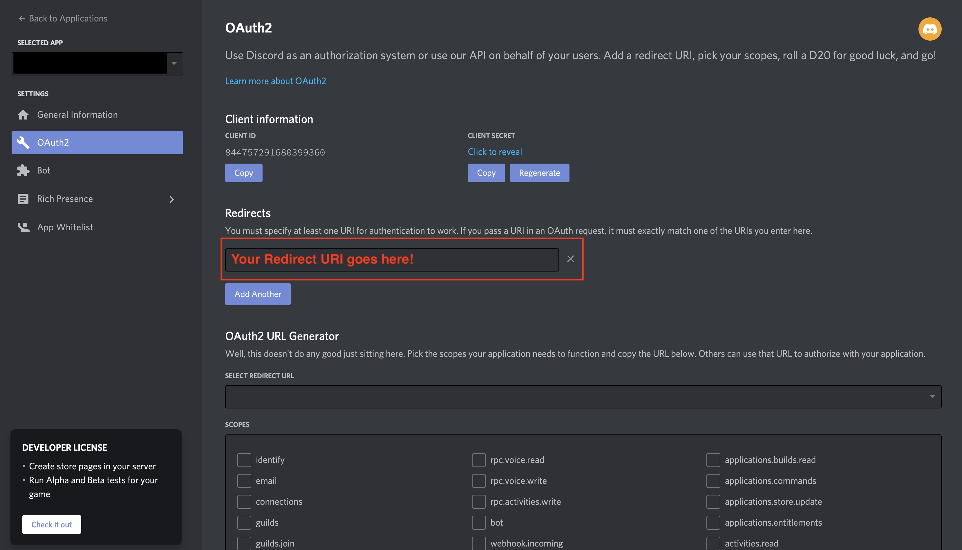 Paste Redirect URI into Discord OAuth setup