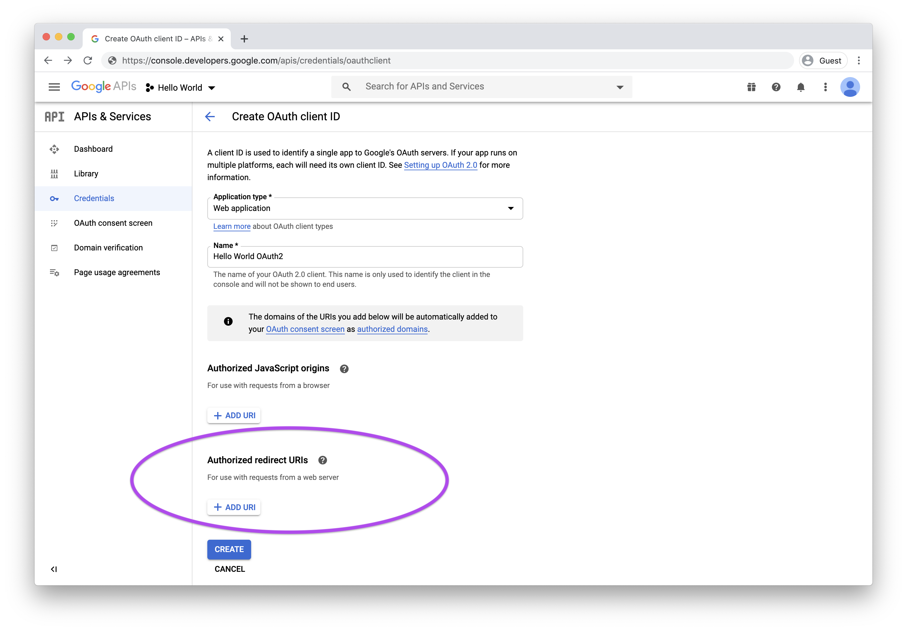 Google Dashboard's redirect uri