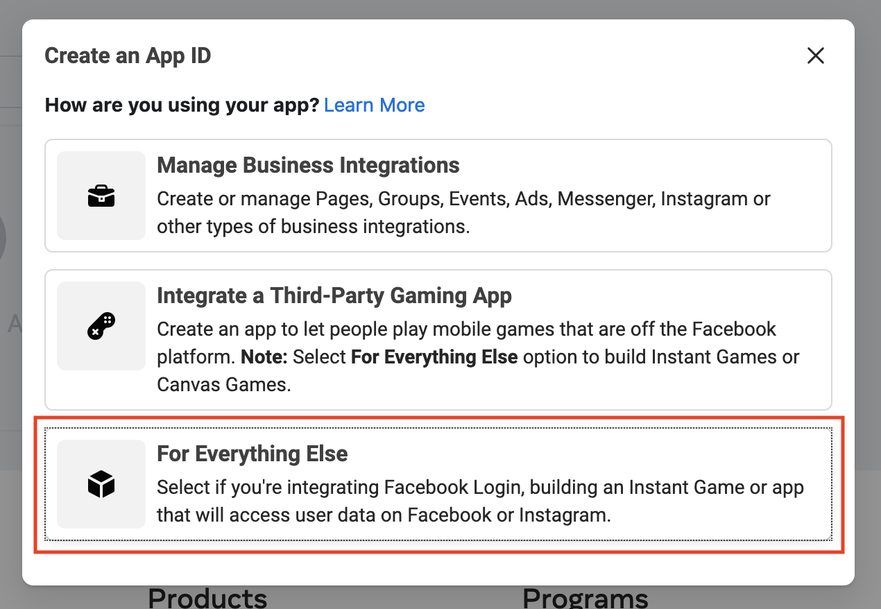 Facebook app registration scenario select screen